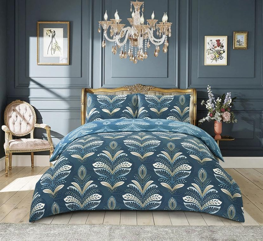 Best Linen 4 Piece Duvet Cover Set Polyester Cotton Quilt Cover Pillow Case & Fitted Sheet Complete Bedding Set Easy Care Machine Wash anti Allergic (Floral Grey, Double) (Duvetcover001)