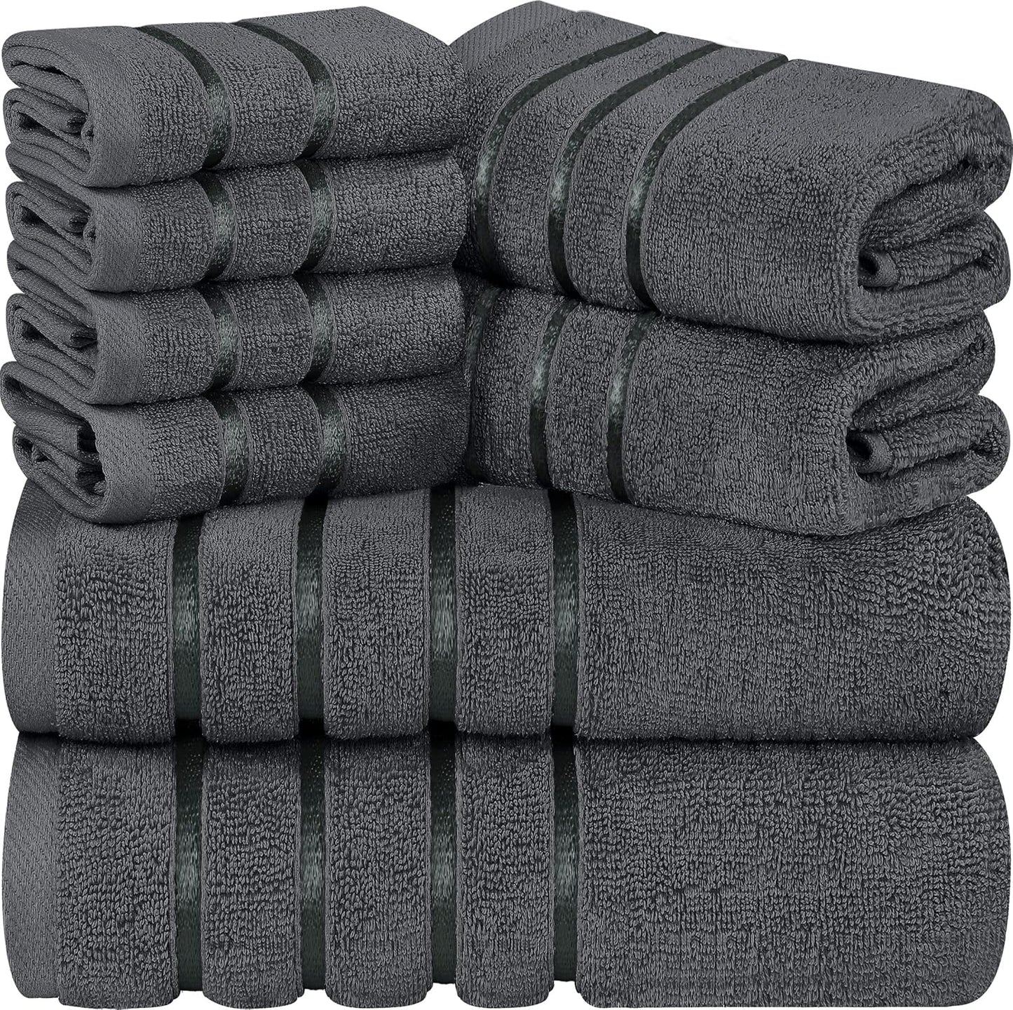 8-Piece Luxury Towel Set, 2 Bath Towels, 2 Hand Towels, and 4 Wash Cloths,97% Ring Spun Cotton Highly Absorbent Viscose Stripe Towels Ideal for Everyday Use (Cool Grey)