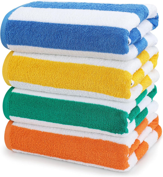 Cabana Stripe Beach Towels (76 X 152 Cm) - 100% Ring Spun Cotton Large Pool Towels, Soft and Quick Dry Swim Towels (Pack of 4) (Blue, Green, Orange & Yellow)