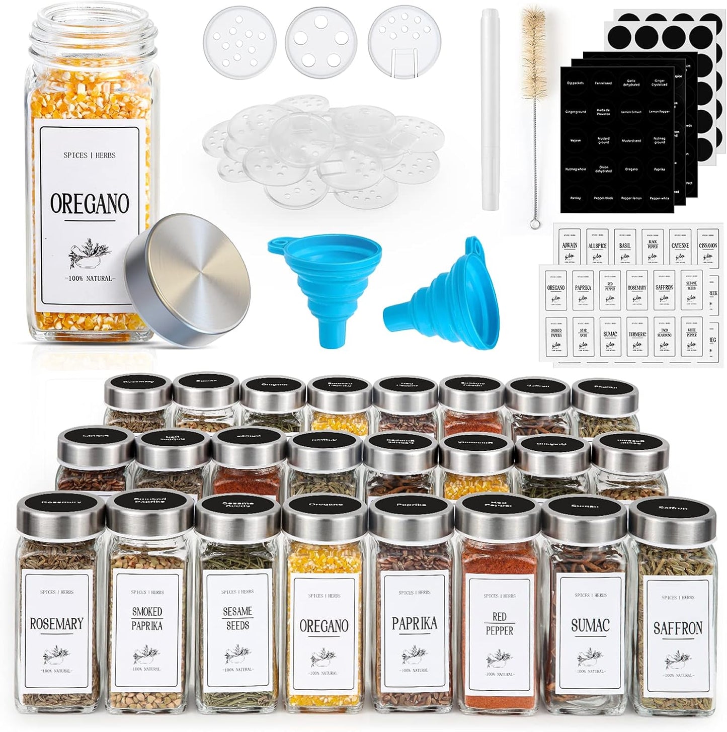 36 Pack Spice Jars with Square Stainless Steel Lids, 120Ml Kitchen Spice Containers with Label , Pen, Hose Brush, 2 Silicone Funnels, for Home Kitchen Spice, Seasonings, Condiments, Herbs Storage
