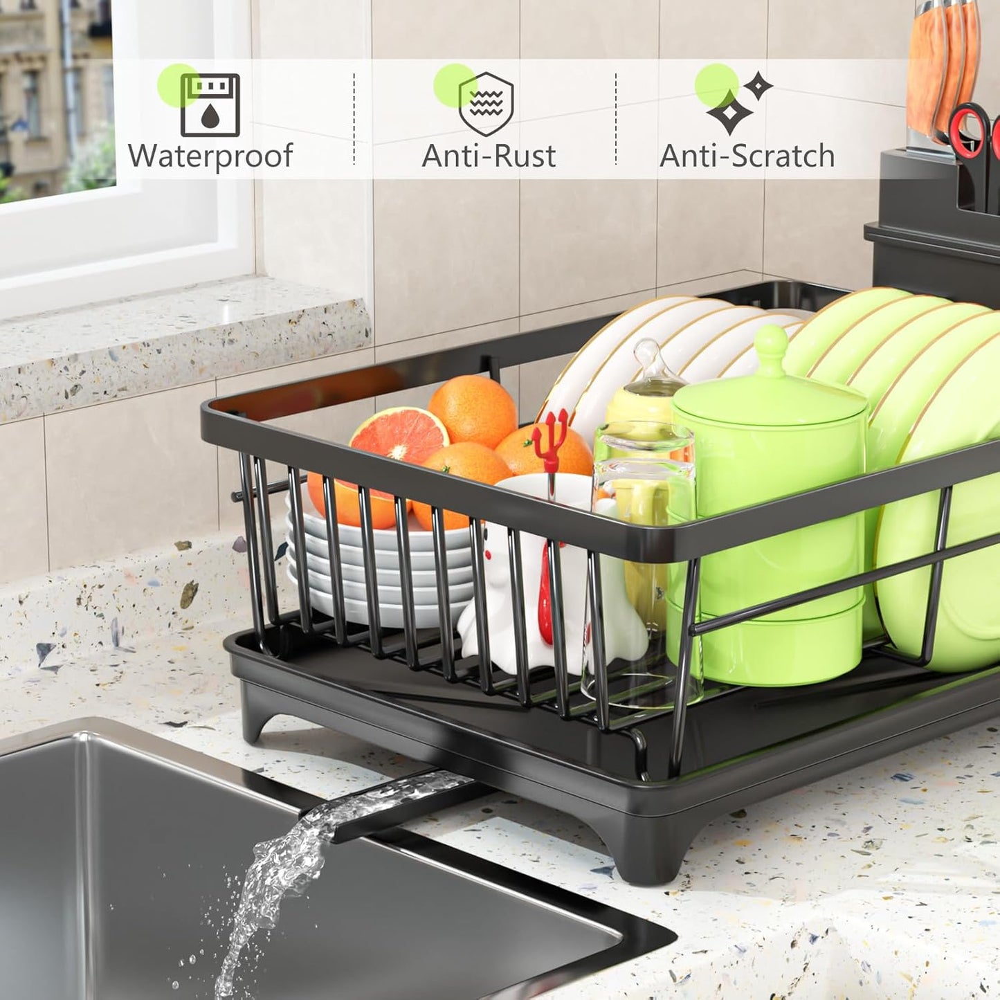 Dish Drainer Rack, Space Saving Dish Drainer for Kitchen Counter with Utensil Holder, Kitchen Dish Rack Sink Dish Drying Rack with Drain Board, Black