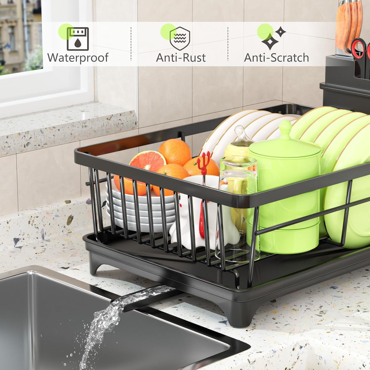 Dish Drainer Rack, Space Saving Dish Drainer for Kitchen Counter with Utensil Holder, Kitchen Dish Rack Sink Dish Drying Rack with Drain Board, Black
