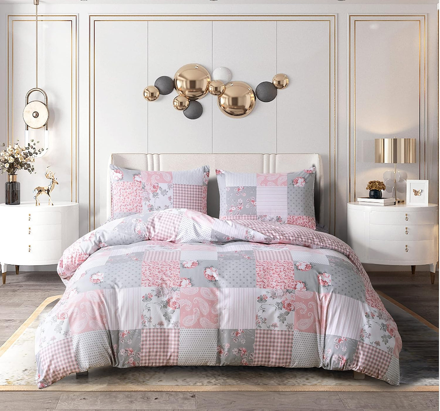 Best Linen 4 Piece Duvet Cover Set Polyester Cotton Quilt Cover Pillow Case & Fitted Sheet Complete Bedding Set Easy Care Machine Wash anti Allergic (Floral Grey, Double) (Duvetcover001)