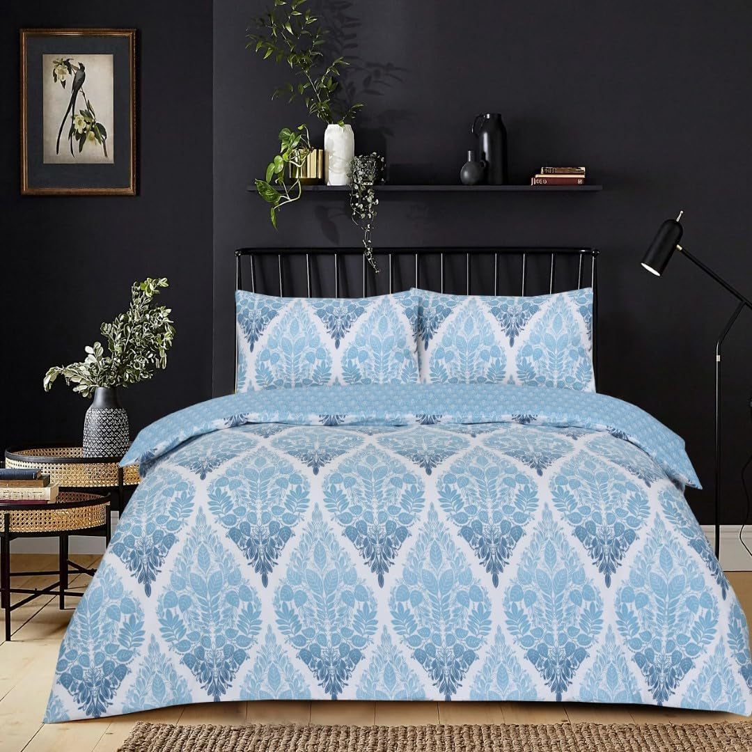 Best Linen 4 Piece Duvet Cover Set Polyester Cotton Quilt Cover Pillow Case & Fitted Sheet Complete Bedding Set Easy Care Machine Wash anti Allergic (Floral Grey, Double) (Duvetcover001)