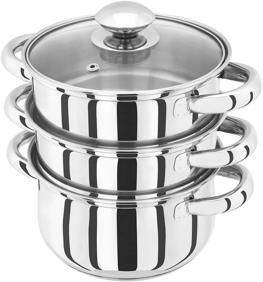 Essential 3-Tier Stainless Steel Steamer - Thermic Base & Vented Glass Lid, Oven-Safe Vegetable Steam Cooker with Cool Handles – Energy-Efficient, Induction Ready Healthy Steamer Cooking – 16Cm