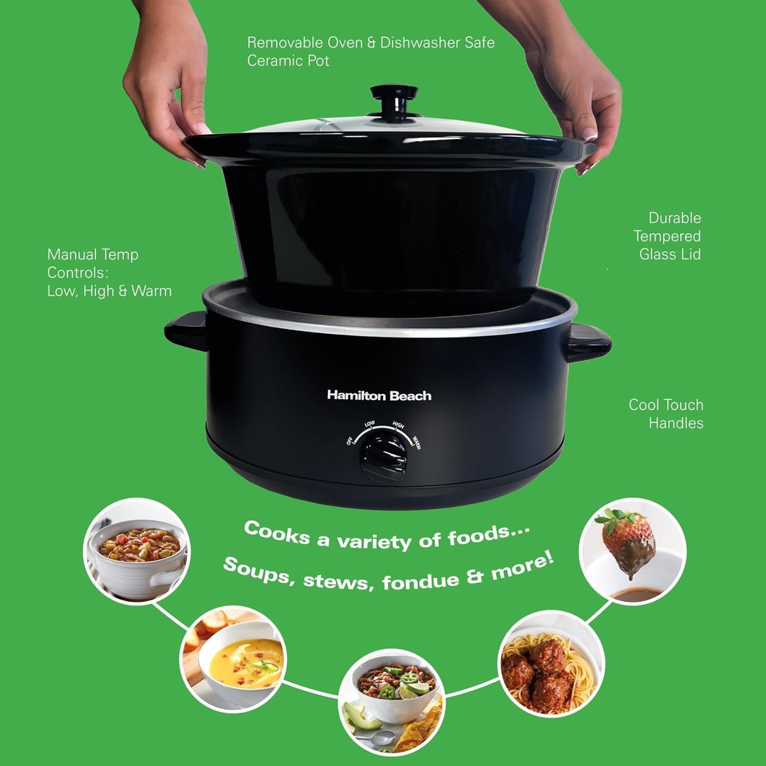 6.5L Slow Cooker, Removable Easy-Clean Ceramic Bowl, 3 Settings, Serves 6-8 People, Energy-Efficient - HBSC070B, Black