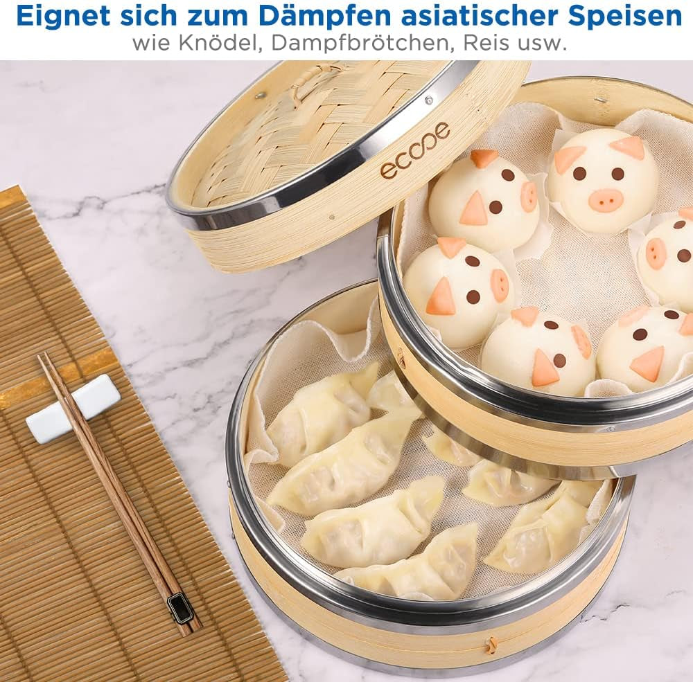 Bamboo Food Steamer,7.87″ (20.5Cm) Steaming Basket 2-Tiers with Lid+2 Cotton Cloths,Steamer Cooking Attachment with Stainless Steel Strip Formation,Best for Vegetables,Dim Sum, Meat and Fish
