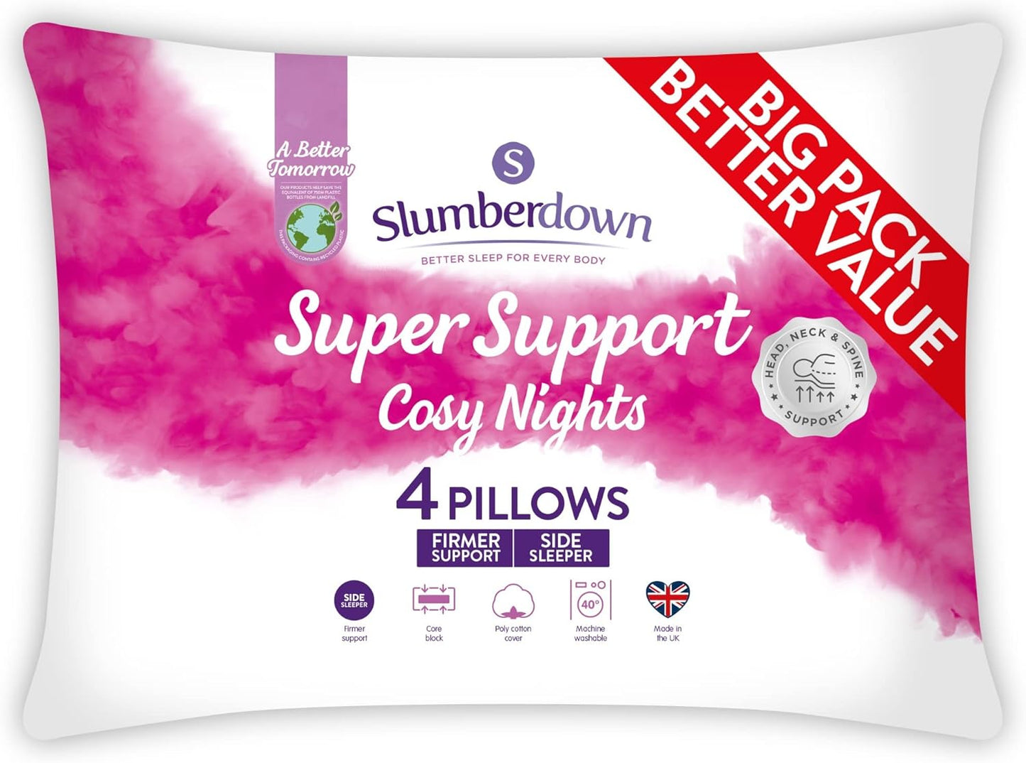 Pillows 4 Pack - Super Support Firm Side Sleeper Bed Pillows for Neck and Shoulder Pain Relief - Comfy & Supportive Pillow, Hypoallergenic, Made in the UK, Standard Size (48Cm X 74Cm)