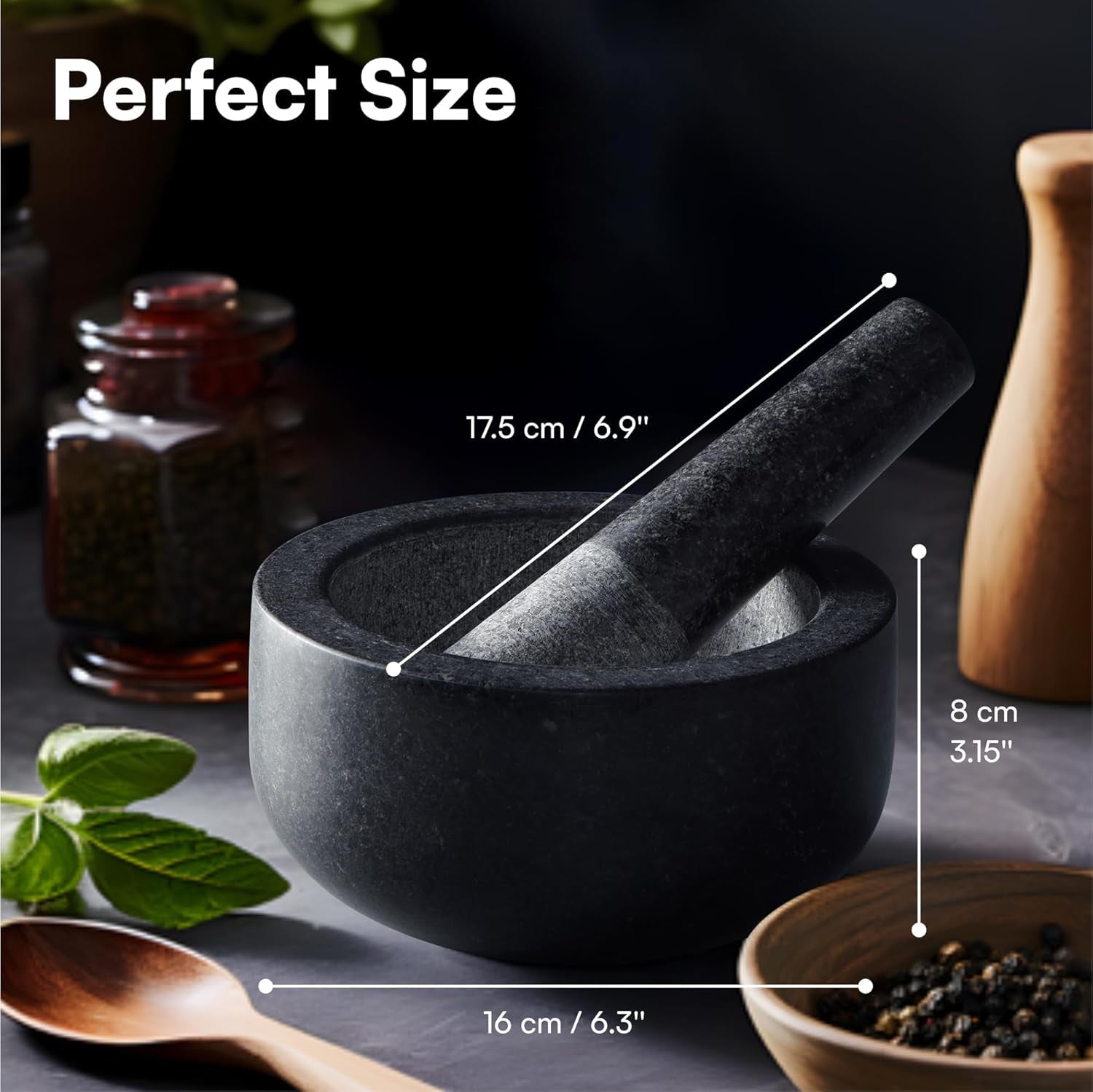 Pestle and Mortar Set, Premium Solid Granite Stone Mortar and Pestle Large Black - 16Cm (6.3") Diameter - Pestle and Mortar Large