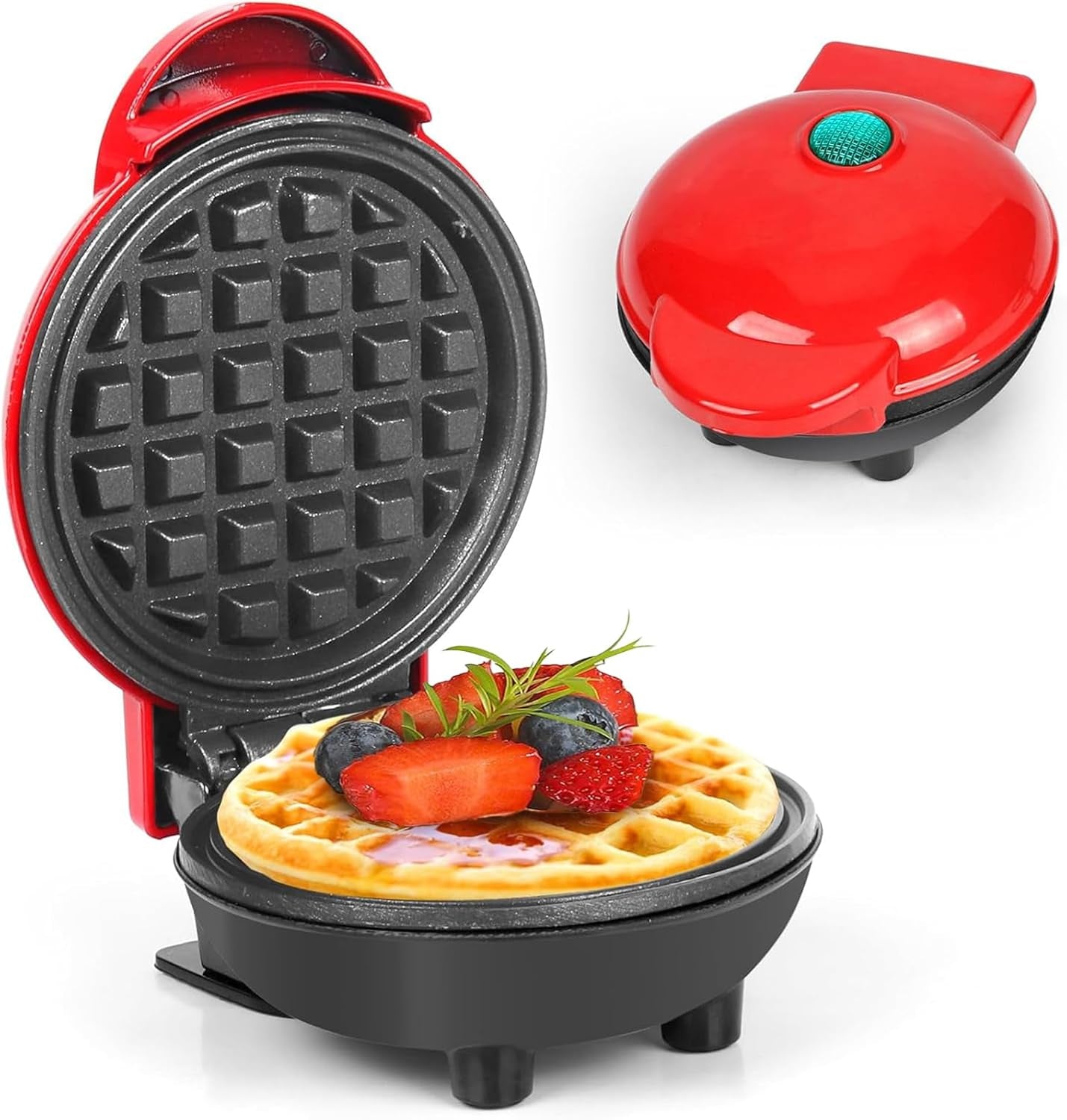 Mini Waffle Maker Non-Stick Waffle Iron Machine, Mini Pancake Maker with Power/Ready Indicator Light Waffle Maker for Waffles, Sweet/Savoury Snacks Desserts, Red