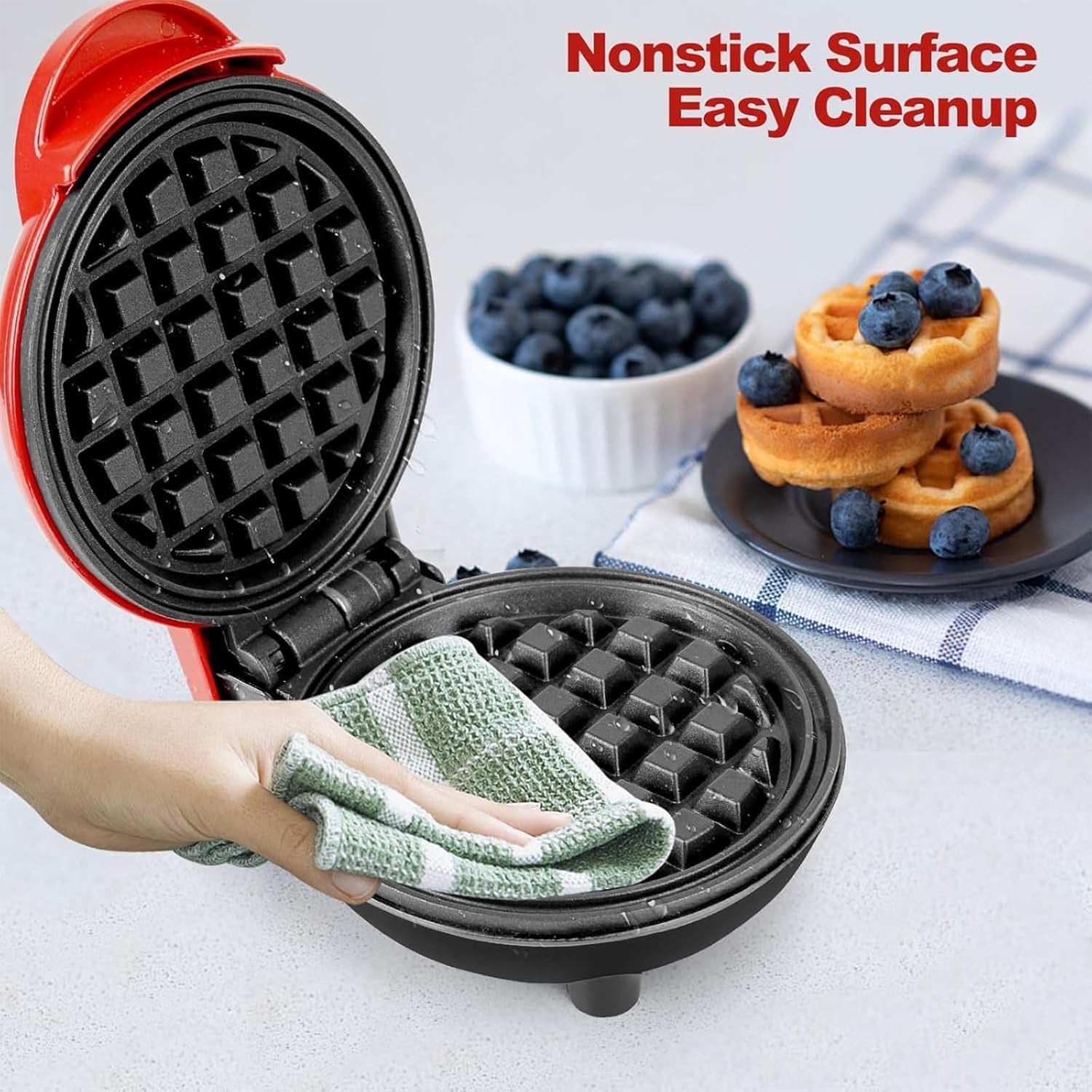 Mini Waffle Maker Non-Stick Waffle Iron Machine, Mini Pancake Maker with Power/Ready Indicator Light Waffle Maker for Waffles, Sweet/Savoury Snacks Desserts, Red