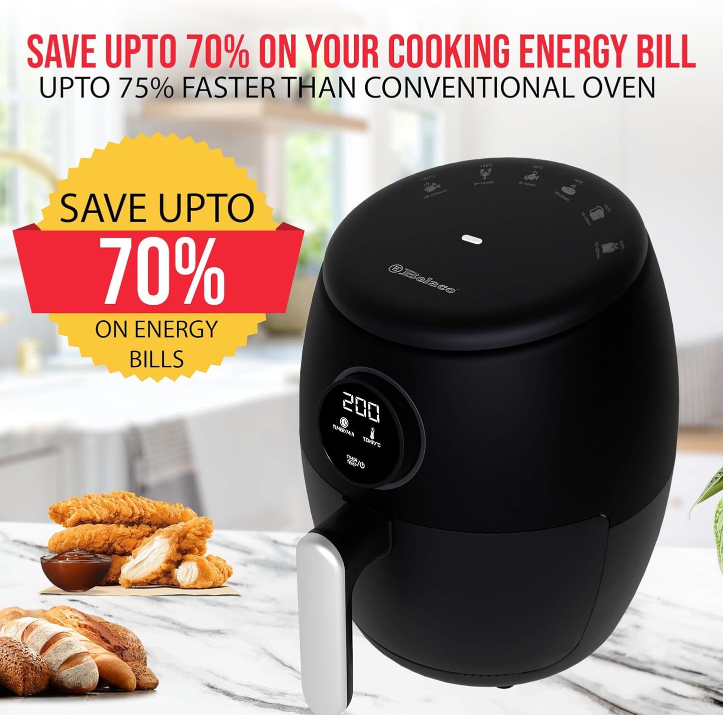 Air Fryer, 2L Digital Display, Rapid Air Circulation, Air Fryers, 60 Min Timer, Adjustable Temperature, Dishwasher Safe Basket BEL-AF-02