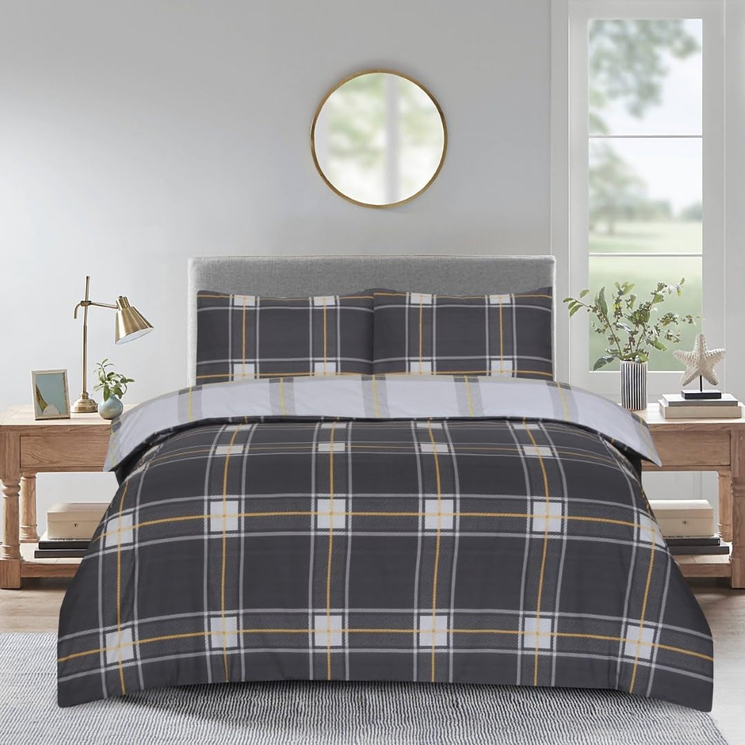 Best Linen 4 Piece Duvet Cover Set Polyester Cotton Quilt Cover Pillow Case & Fitted Sheet Complete Bedding Set Easy Care Machine Wash anti Allergic (Floral Grey, Double) (Duvetcover001)