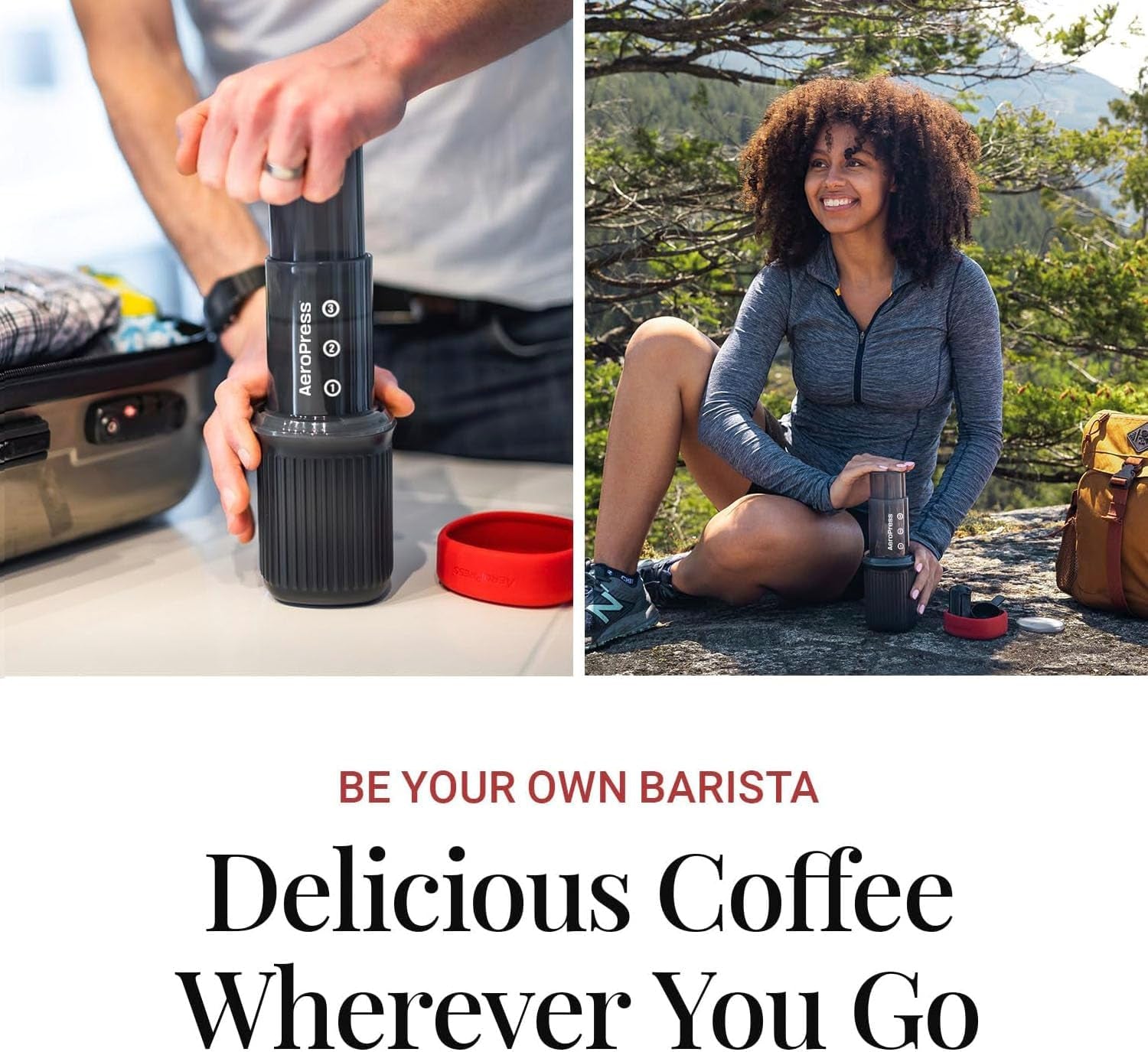 Go Portable Travel Coffee Press Kit, 1-3 Cups in a Minute, Coffee, Espresso, & Cold Brew Maker, Manual Coffee Making Machine for Travel, Includes Mug & Lid, Grey