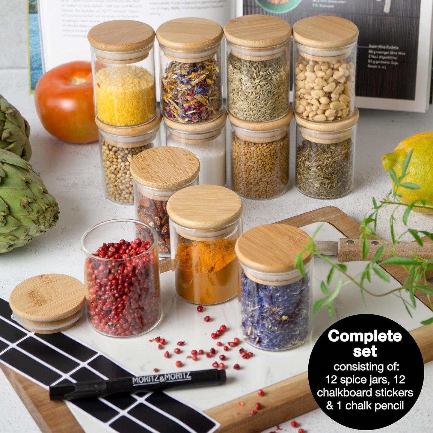 12X Spice Jars with Lids and Labels - 4.4Oz/125 Ml - Glass Spice Jars with Bamboo Lids with 12 X Labels and 1 X Chalk Pencil - Spices Jars - Seasoning Jars