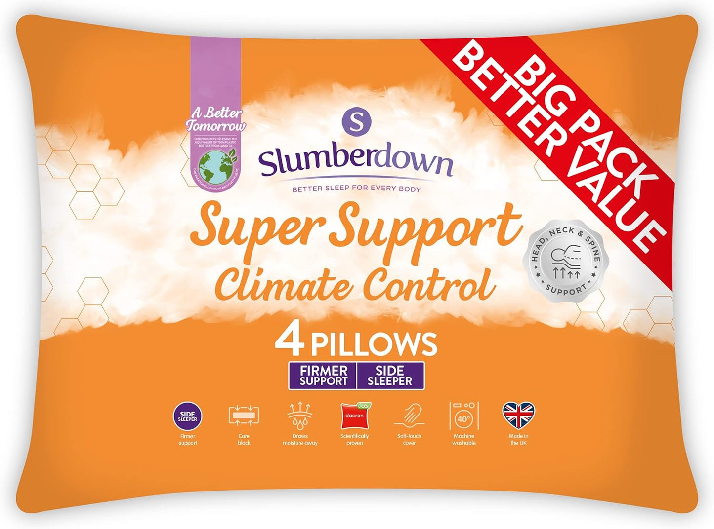 Pillows 4 Pack - Super Support Firm Side Sleeper Bed Pillows for Neck and Shoulder Pain Relief - Comfy & Supportive Pillow, Hypoallergenic, Made in the UK, Standard Size (48Cm X 74Cm)