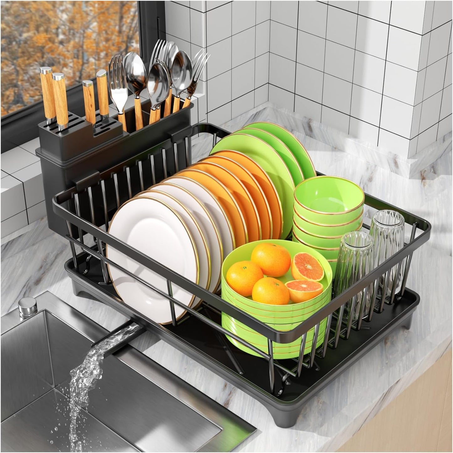 Dish Drainer Rack, Space Saving Dish Drainer for Kitchen Counter with Utensil Holder, Kitchen Dish Rack Sink Dish Drying Rack with Drain Board, Black