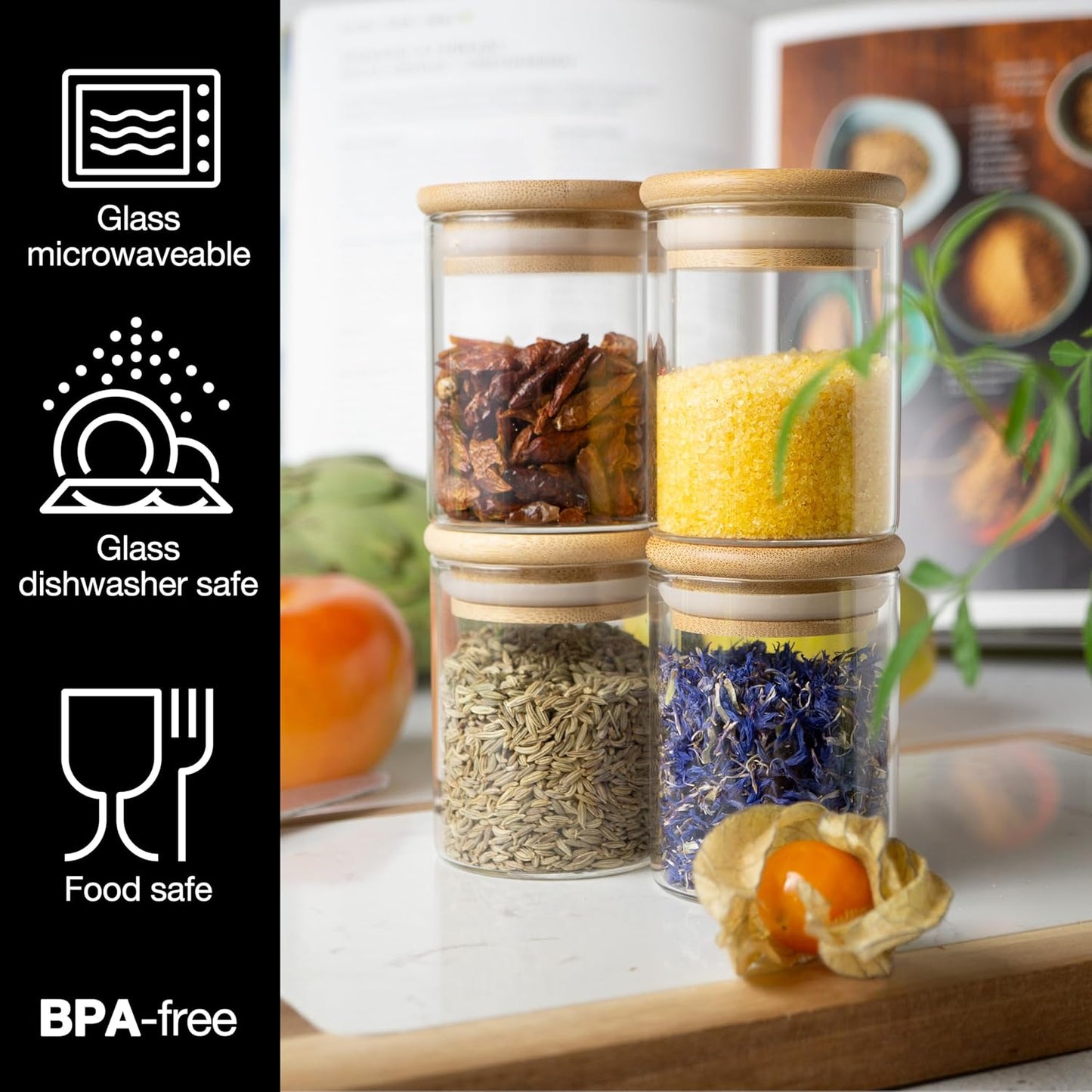 12X Spice Jars with Lids and Labels - 4.4Oz/125 Ml - Glass Spice Jars with Bamboo Lids with 12 X Labels and 1 X Chalk Pencil - Spices Jars - Seasoning Jars