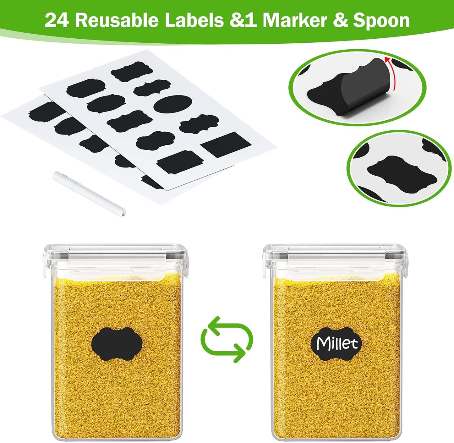 24 Pack Food Storage Containers - BPA Free, Airtight Kitchen Storage for Cereal, Flour, Sugar & Baking Supplies with 24 Labels & 1 Marker
