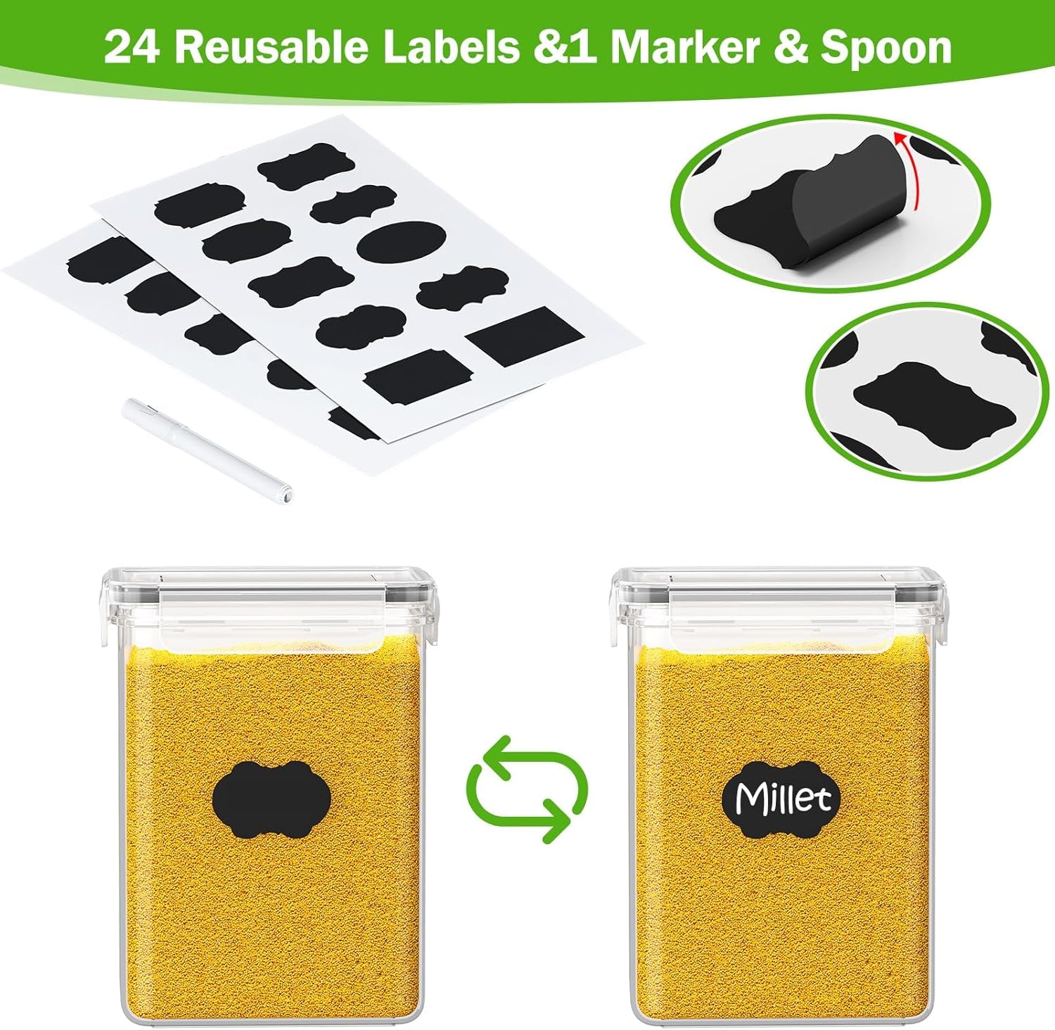 24 Pack Food Storage Containers - BPA Free, Airtight Kitchen Storage for Cereal, Flour, Sugar & Baking Supplies with 24 Labels & 1 Marker