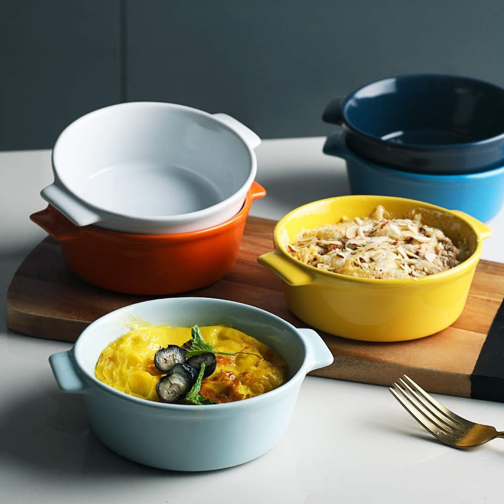 Ceramic Souffle Dishes, round Handle-Ramekins-Baking, 300Ml for Pudding,Creme Brulee,Souffle - Set of 6 (Multicolour)