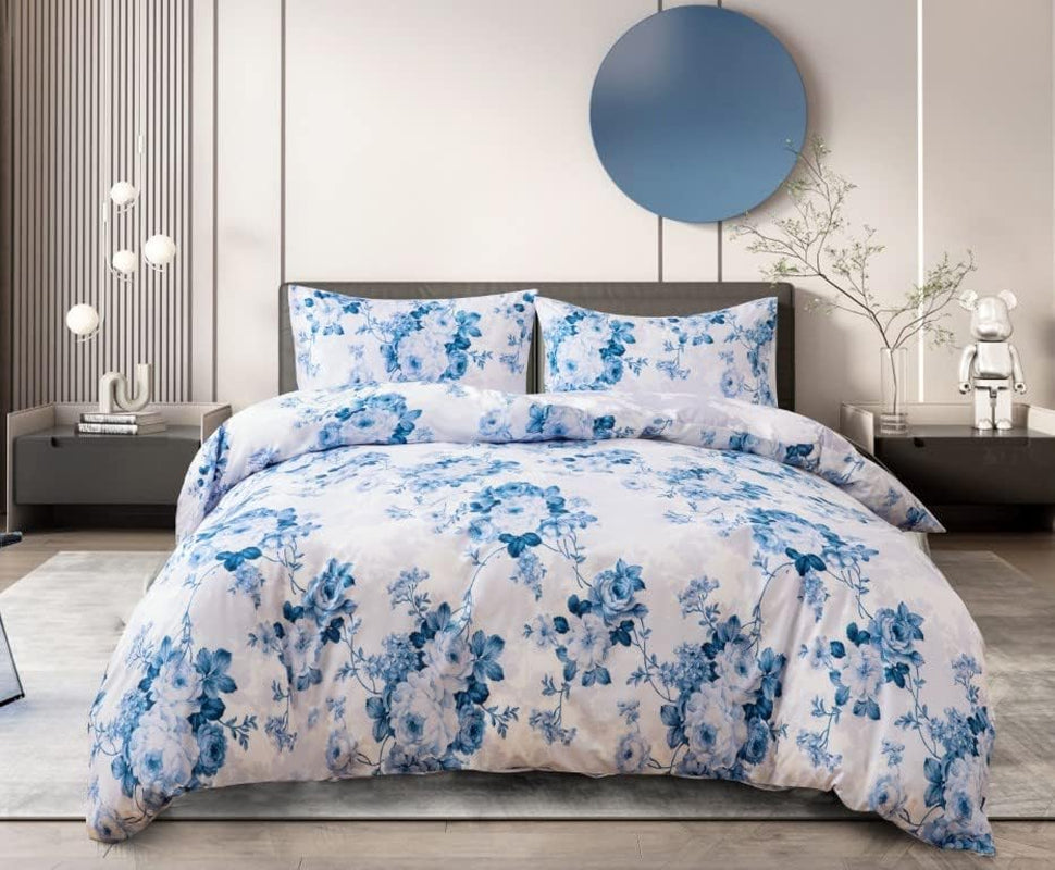 Best Linen 4 Piece Duvet Cover Set Polyester Cotton Quilt Cover Pillow Case & Fitted Sheet Complete Bedding Set Easy Care Machine Wash anti Allergic (Floral Grey, Double) (Duvetcover001)