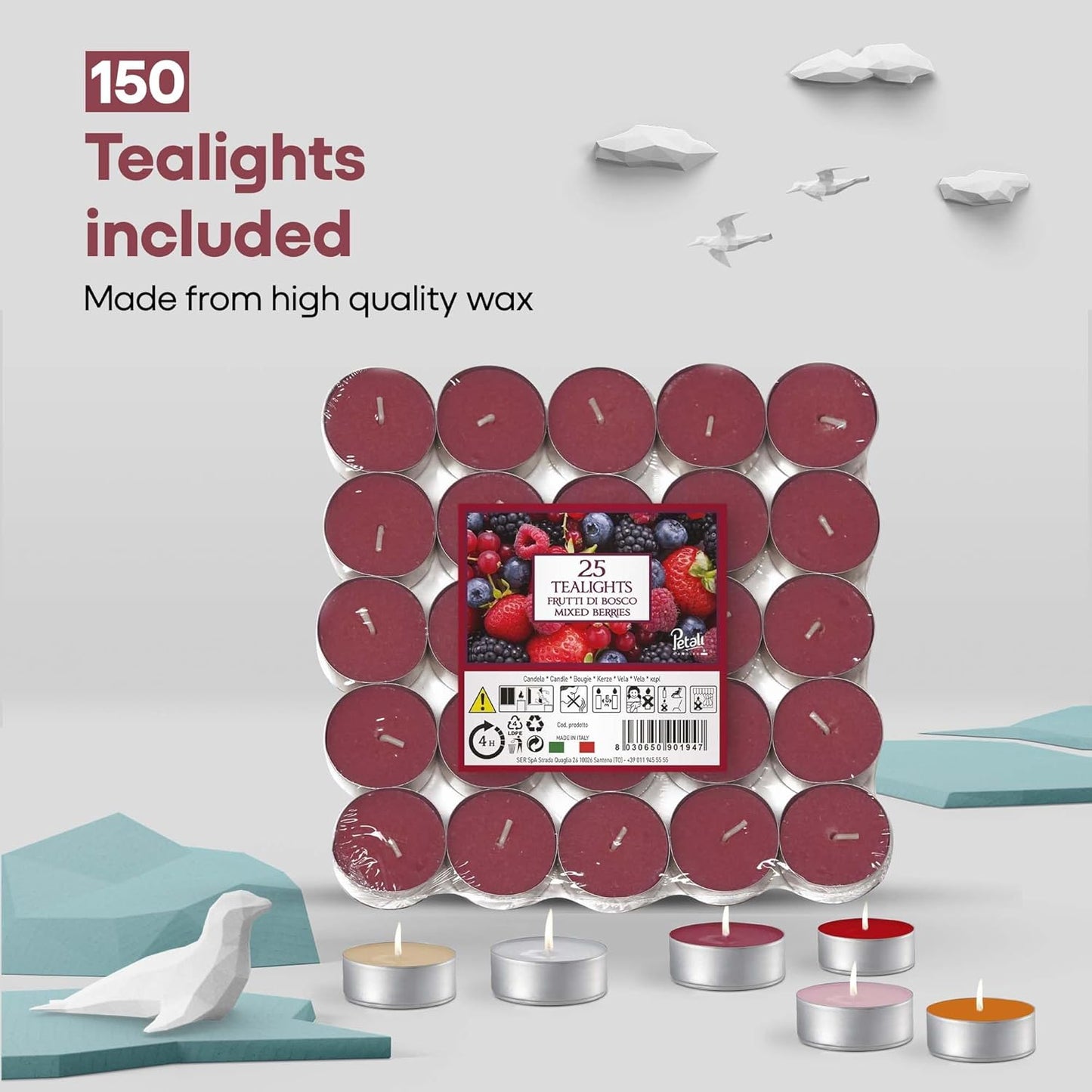 Aladino 150 Tea Lights Candles Scented Tealights- 25 X 6 Scents Mixed Pack - Cotton Flowers, Mixed Berries, Citrus, Rose, Lavender & Cinnamon