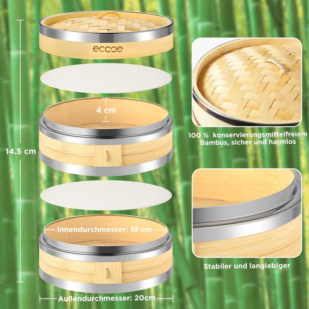 Bamboo Food Steamer,7.87″ (20.5Cm) Steaming Basket 2-Tiers with Lid+2 Cotton Cloths,Steamer Cooking Attachment with Stainless Steel Strip Formation,Best for Vegetables,Dim Sum, Meat and Fish