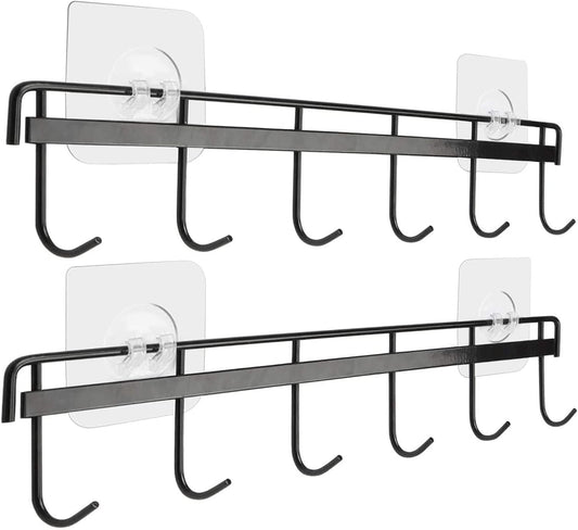 Utensil Hangers with 6 Hooks Space Saving Wall Utensil Holder Kitchen Utensil Hooks No Drilling Wall Mounted Adhesive Wall Hooks Rack for Kitchen Bathroom Bedroom 2 Packs (Black)
