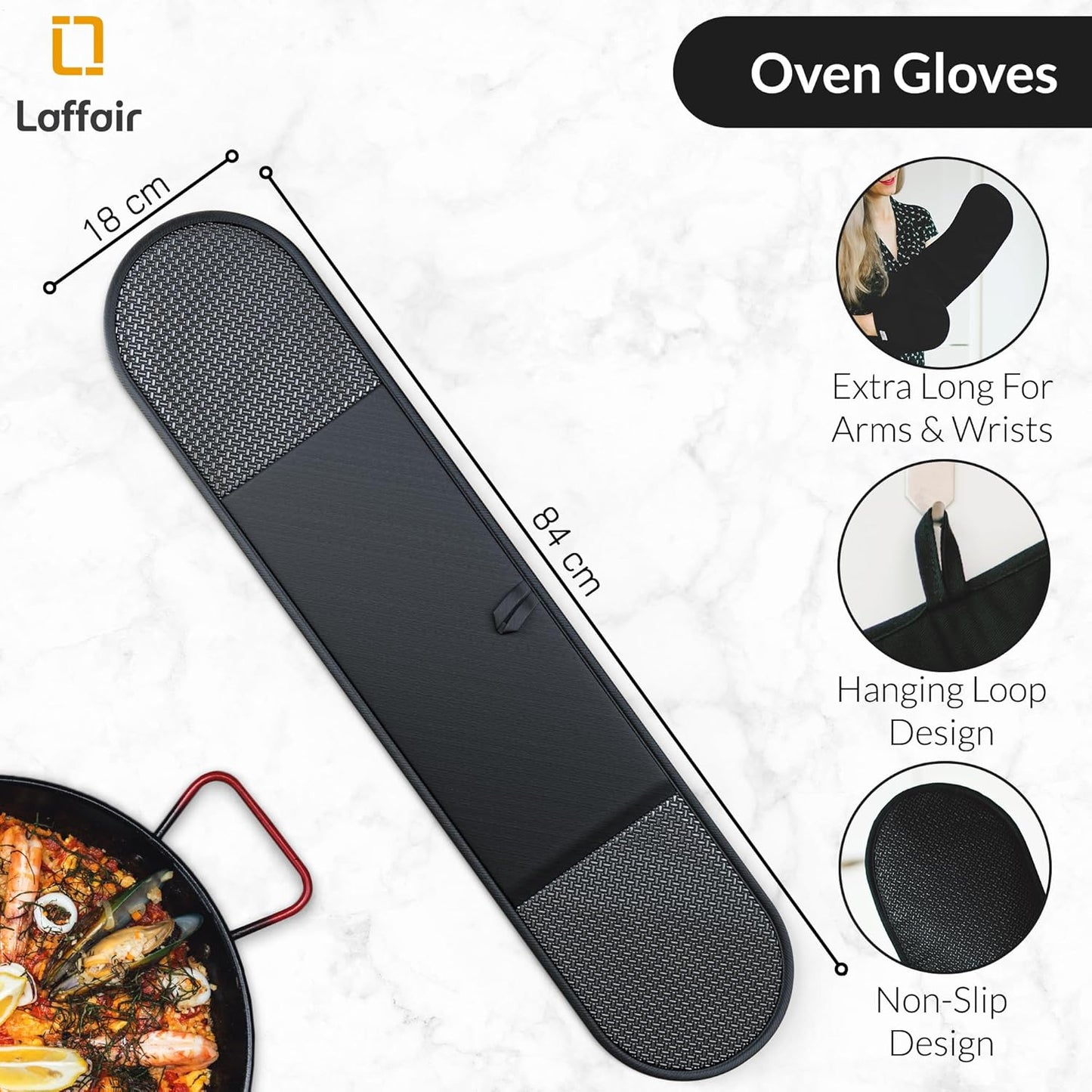 Double Oven Gloves Heat Resistant by ® - Black Oven Gloves - Non-Slip Silicon - Black Kitchen Accessories - Modern Oven Mitt & Potholder for Home Cooking - Maximum Heat Protection
