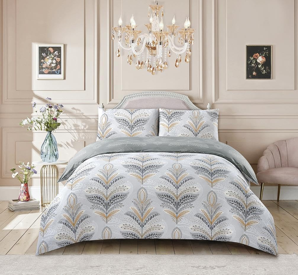 Best Linen 4 Piece Duvet Cover Set Polyester Cotton Quilt Cover Pillow Case & Fitted Sheet Complete Bedding Set Easy Care Machine Wash anti Allergic (Floral Grey, Double) (Duvetcover001)