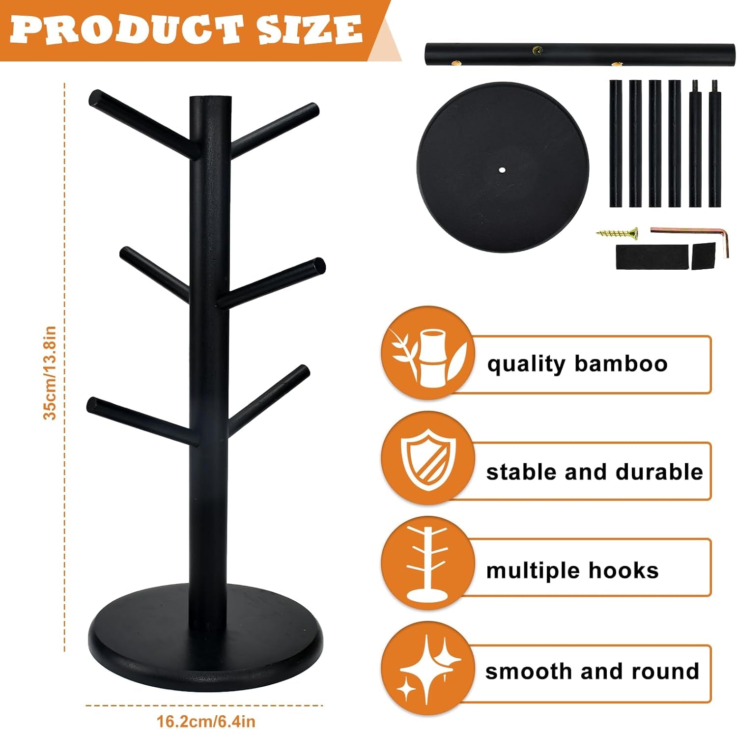 6 Cups Mug Tree Bamboo Cup Holder Tree Coffee Cup Holder Storage Rack Wood Cup Holder Storage Organizer Kitchen Mug Stand Hanger with Thickened Base for Coffee Mugs Tea Cups Tree, Black