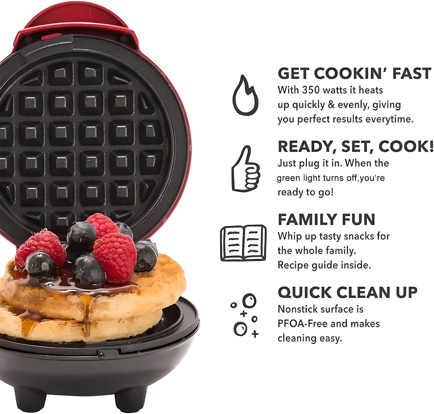 Mini Waffle Maker Non-Stick Waffle Iron Machine, Mini Pancake Maker with Power/Ready Indicator Light Waffle Maker for Waffles, Sweet/Savoury Snacks Desserts, Red