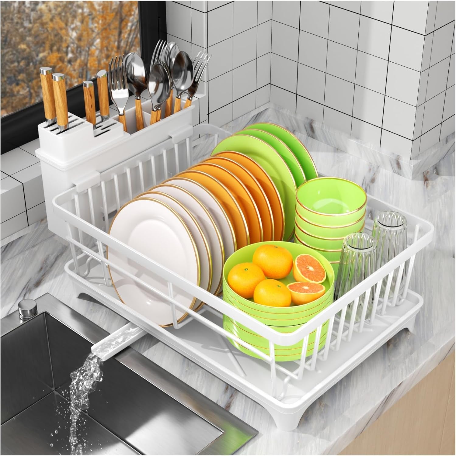 Dish Drainer Rack, Space Saving Dish Drainer for Kitchen Counter with Utensil Holder, Kitchen Dish Rack Sink Dish Drying Rack with Drain Board, Black