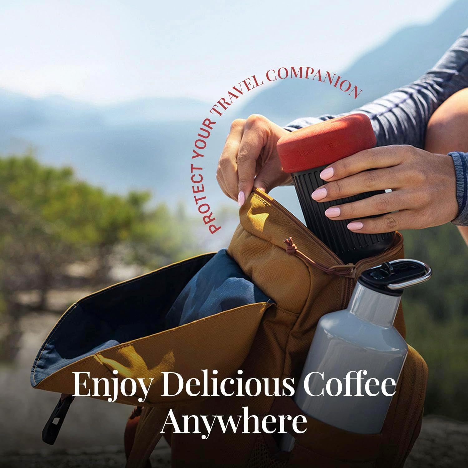 Go Portable Travel Coffee Press Kit, 1-3 Cups in a Minute, Coffee, Espresso, & Cold Brew Maker, Manual Coffee Making Machine for Travel, Includes Mug & Lid, Grey
