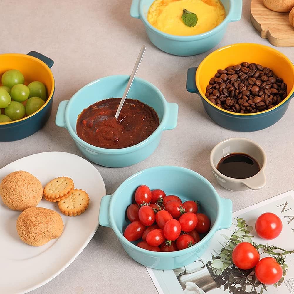 Ceramic Souffle Dishes, round Handle-Ramekins-Baking, 300Ml for Pudding,Creme Brulee,Souffle - Set of 6 (Multicolour)