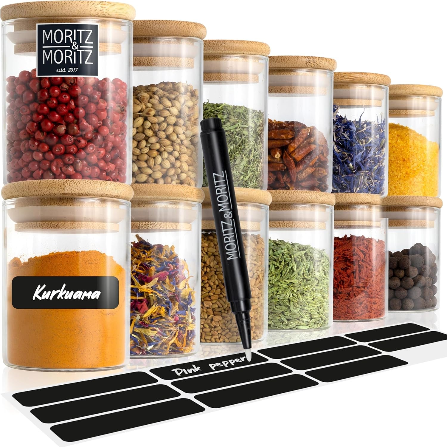12X Spice Jars with Lids and Labels - 4.4Oz/125 Ml - Glass Spice Jars with Bamboo Lids with 12 X Labels and 1 X Chalk Pencil - Spices Jars - Seasoning Jars