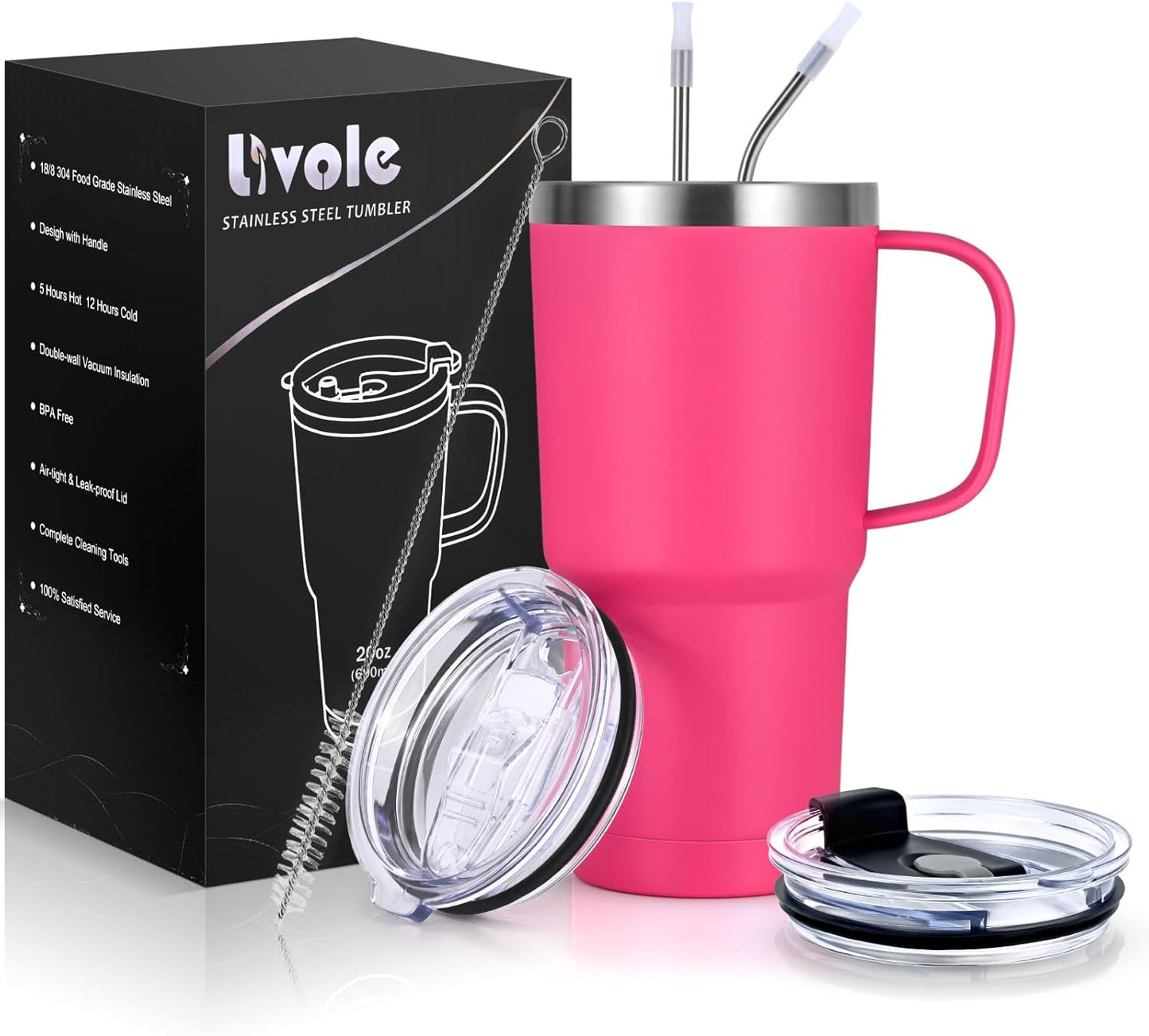 30Oz 900Ml Travel Tumbler with Handle, Insulated Vacuum Travel Coffee Mug, Stainless Steel Water Bottle Flask, Double Walled Leakproof Thermal Mug for Camping, Sports, Office, Home, Light Pink