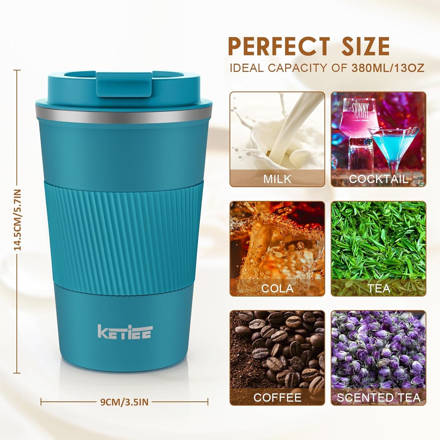 Travel Mugs, 380Ml Insulated Coffee Cup with Leakproof Lid,Reusable Coffee Cups Travel Cup,Coffee Travel Mug,Double Walled Coffee Mug,Stainless Steel Thermaol Mug for Hot Cold Drinks,Blue
