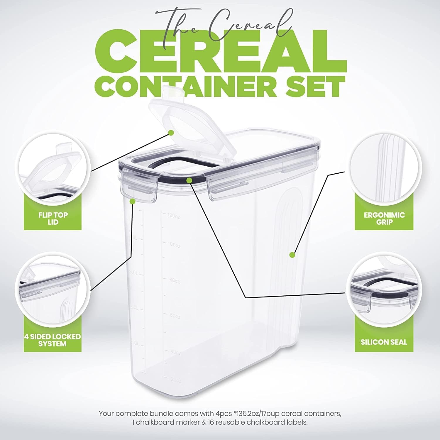 Cereal Storage Container (Set of 3) – BPA Free Plastic – Airtight Kitchen Storage Containers -Dry Food Storage – Cereal Dispenser for Kitchen & Pantry