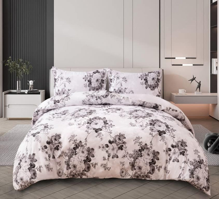 Best Linen 4 Piece Duvet Cover Set Polyester Cotton Quilt Cover Pillow Case & Fitted Sheet Complete Bedding Set Easy Care Machine Wash anti Allergic (Floral Grey, Double) (Duvetcover001)