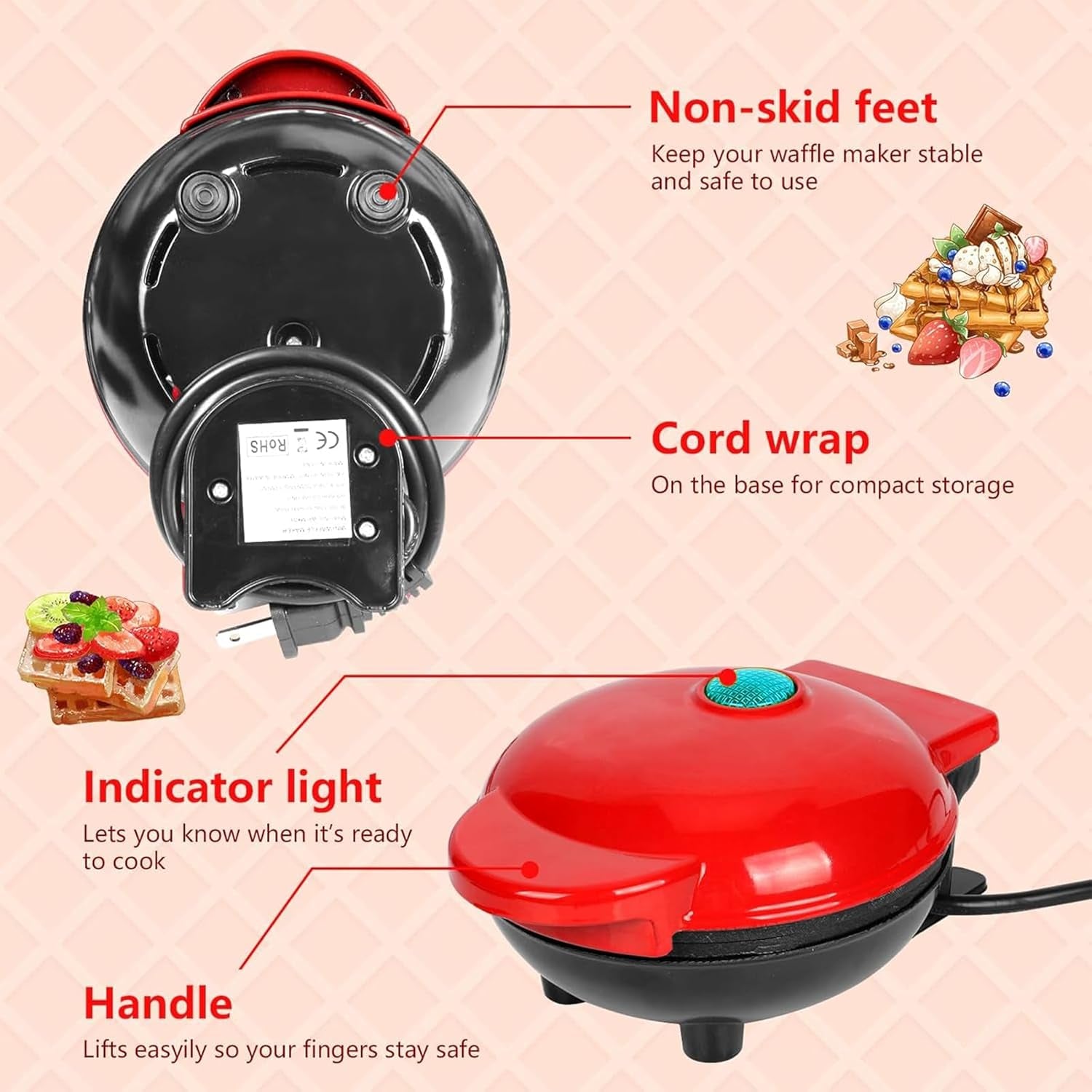 Mini Waffle Maker Non-Stick Waffle Iron Machine, Mini Pancake Maker with Power/Ready Indicator Light Waffle Maker for Waffles, Sweet/Savoury Snacks Desserts, Red