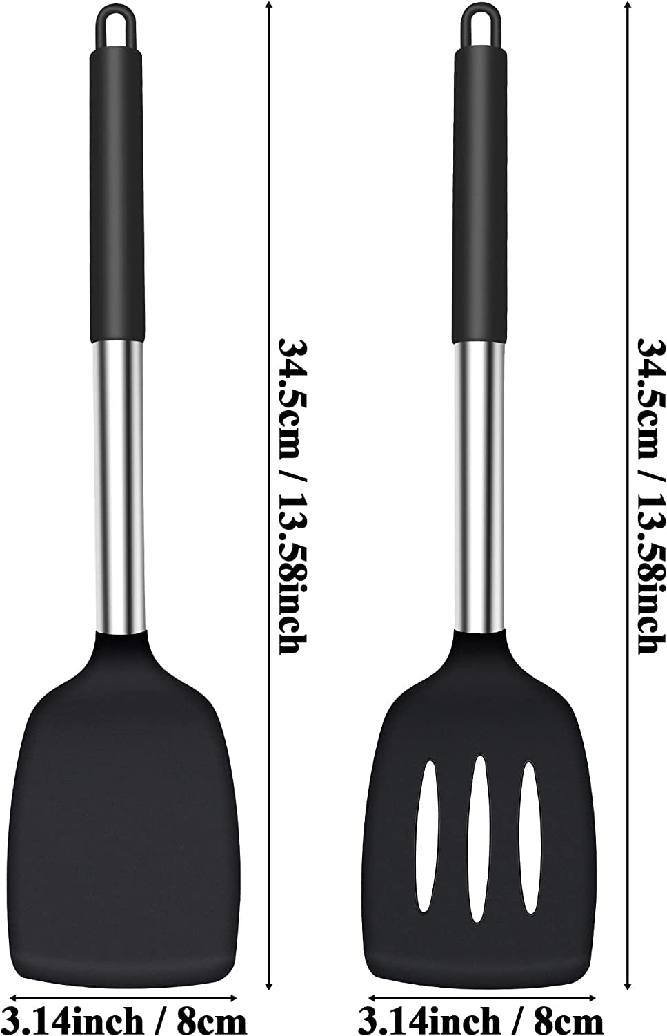 Silicone Spatula Turner, Heat Resistant Slotted Spatula Solid Turner for Cooking, BPA Free Large Black Silicone Spatula Kitchen Utensils for Baking Non Stick Cookware, Dishwasher Safe, 2 Pack