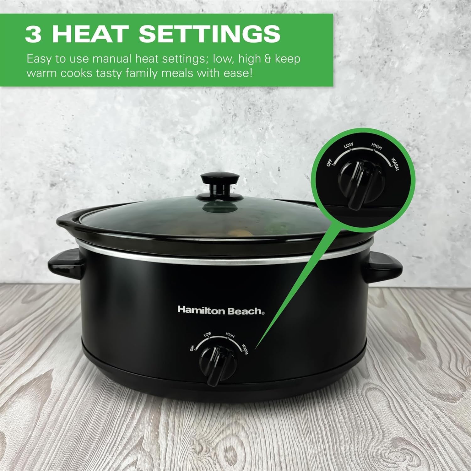 6.5L Slow Cooker, Removable Easy-Clean Ceramic Bowl, 3 Settings, Serves 6-8 People, Energy-Efficient - HBSC070B, Black