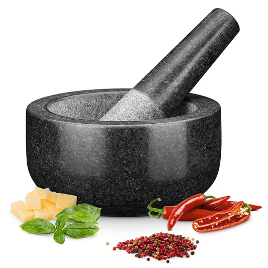 Pestle and Mortar Set, Premium Solid Granite Stone Mortar and Pestle Large Black - 16Cm (6.3") Diameter - Pestle and Mortar Large