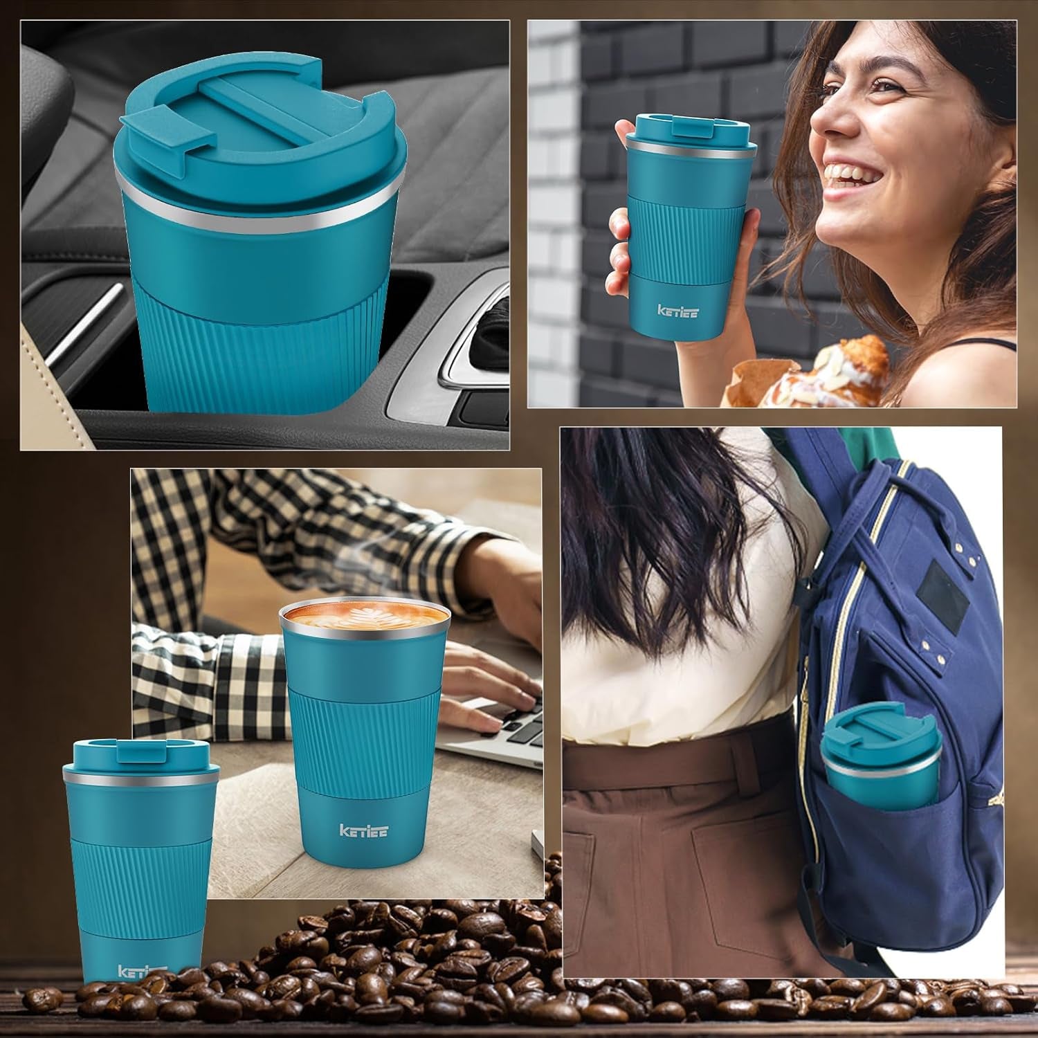 Travel Mugs, 380Ml Insulated Coffee Cup with Leakproof Lid,Reusable Coffee Cups Travel Cup,Coffee Travel Mug,Double Walled Coffee Mug,Stainless Steel Thermaol Mug for Hot Cold Drinks,Blue