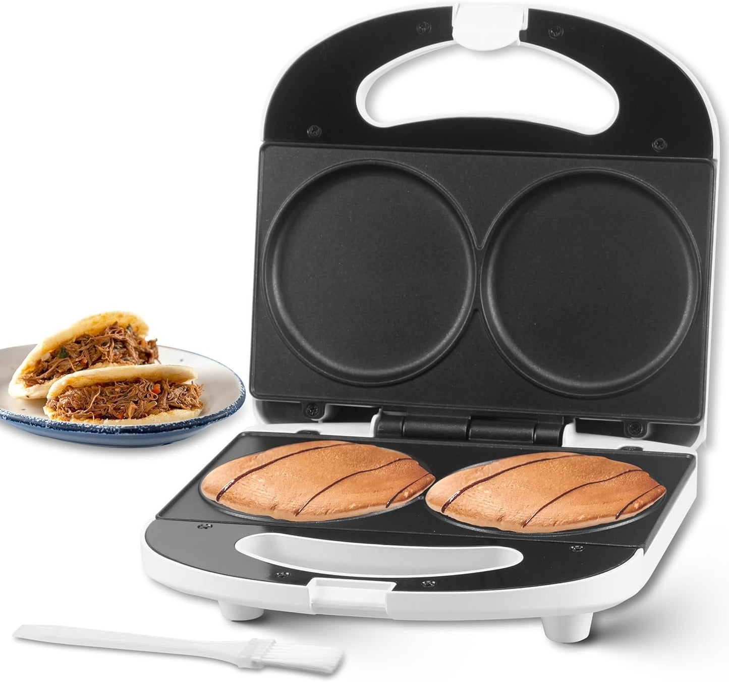 Double Mini Pancake Maker Machine, Arepa Maker, 2 X 4-Inch Electric Pancakes Maker Griddle, Ideal for Pancakes, Cookies, Eggs, Arepas & Breakfast Sandwiches, 230V, UK Plug, White