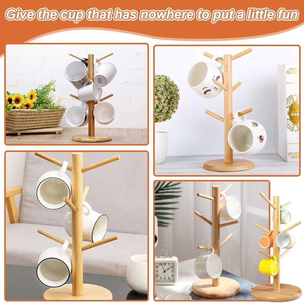 6 Cup Mug Tree Wooden Mug Tree Stand Wood Mug Rack Bamboo Cup Holder Tree Coffee Cup Holder Storage Organizer Kitchen Storage Rack with Anti-Slip Weighted Base for Coffee Tea Mugs Cups