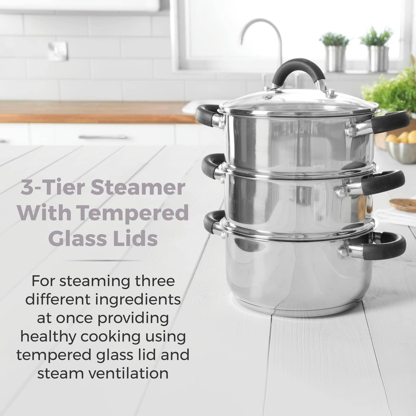 T80836 Essentials Induction Steamer Pans 3 Tier with Glass Lid, Silicone Handles, Stainless Steel, Steamer Cooking, Polished Mirror Finish, 18 Cm , Silver