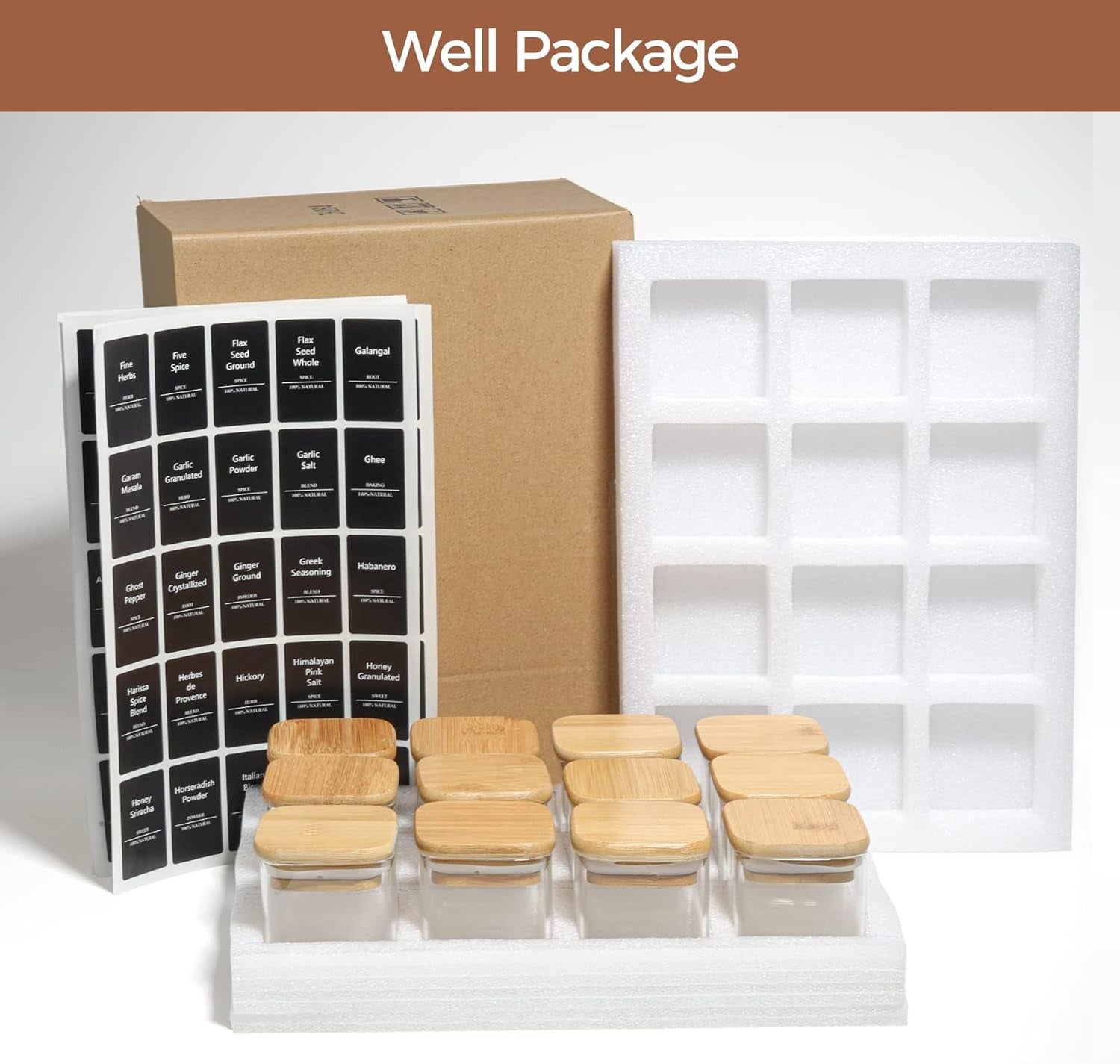 12 Pcs Glass Spice Jars with Bamboo Lids, 4Oz/120Ml Square Glass Storage Jars with 275 Black Lables, Airtight Spice Jars with Lids, Glass Container for Spice, Salt, Sugar, Seeds, Nuts Etc